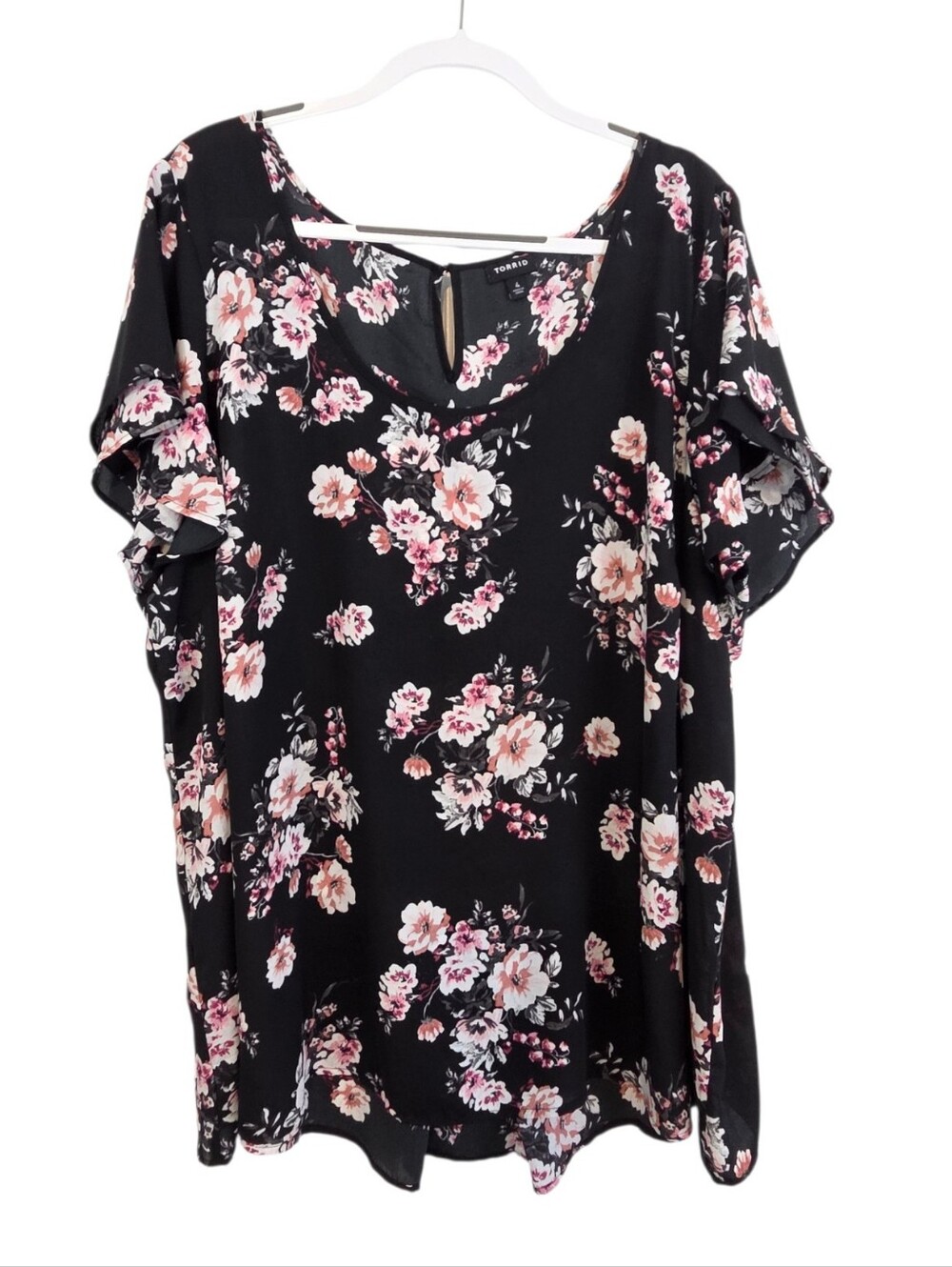 Torrid Black Pink Floral Layered Flutter Sleeve Keyhole A-Line Blouse Size 4